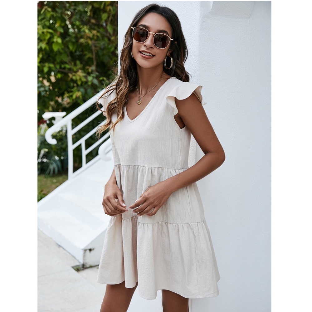 Ruffle Detail A-line V-Neck Mini Dress - Picture 6 of 8